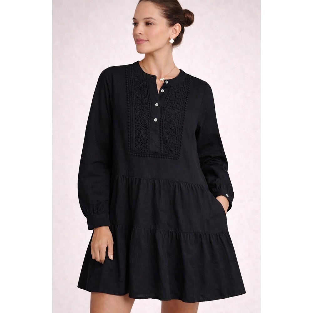 J. CREW W Small‎ Black Tiered Dress Embroider Cotton Blend Boho Prairie Pocket